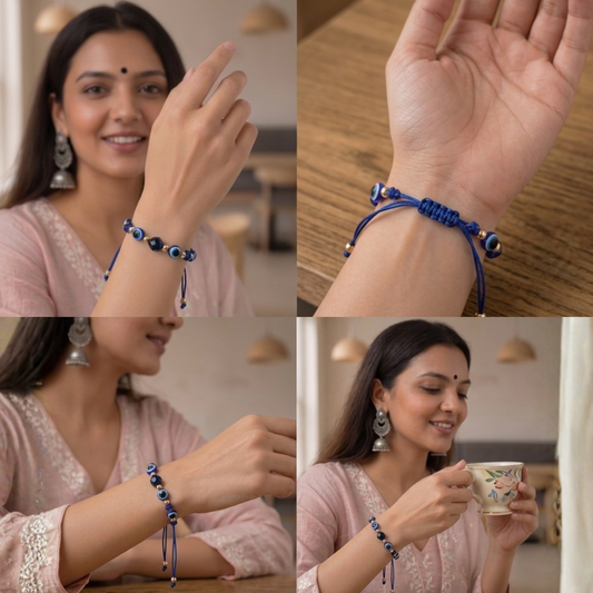 Blue Evil Eye Cord Bracelet with Gold and Black Charm Bead