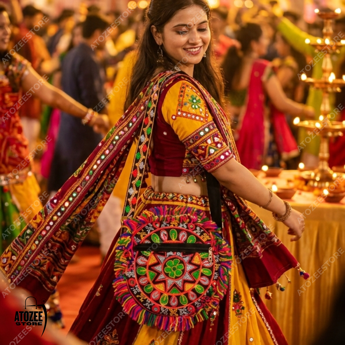 Round Handicrafts Cotton Embroidered Multicolour Rajasthani Sling Navratri Style Bag