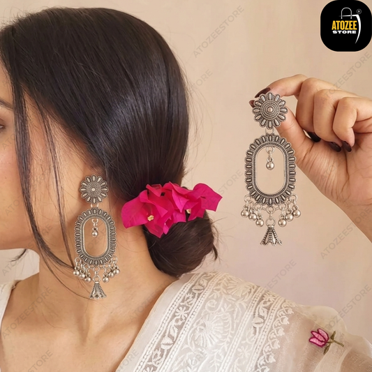 Oxidised Earrings Set of 3 – Sunflower Oval Chandelier, Deer Ruby Drop & Peacock Jhumka