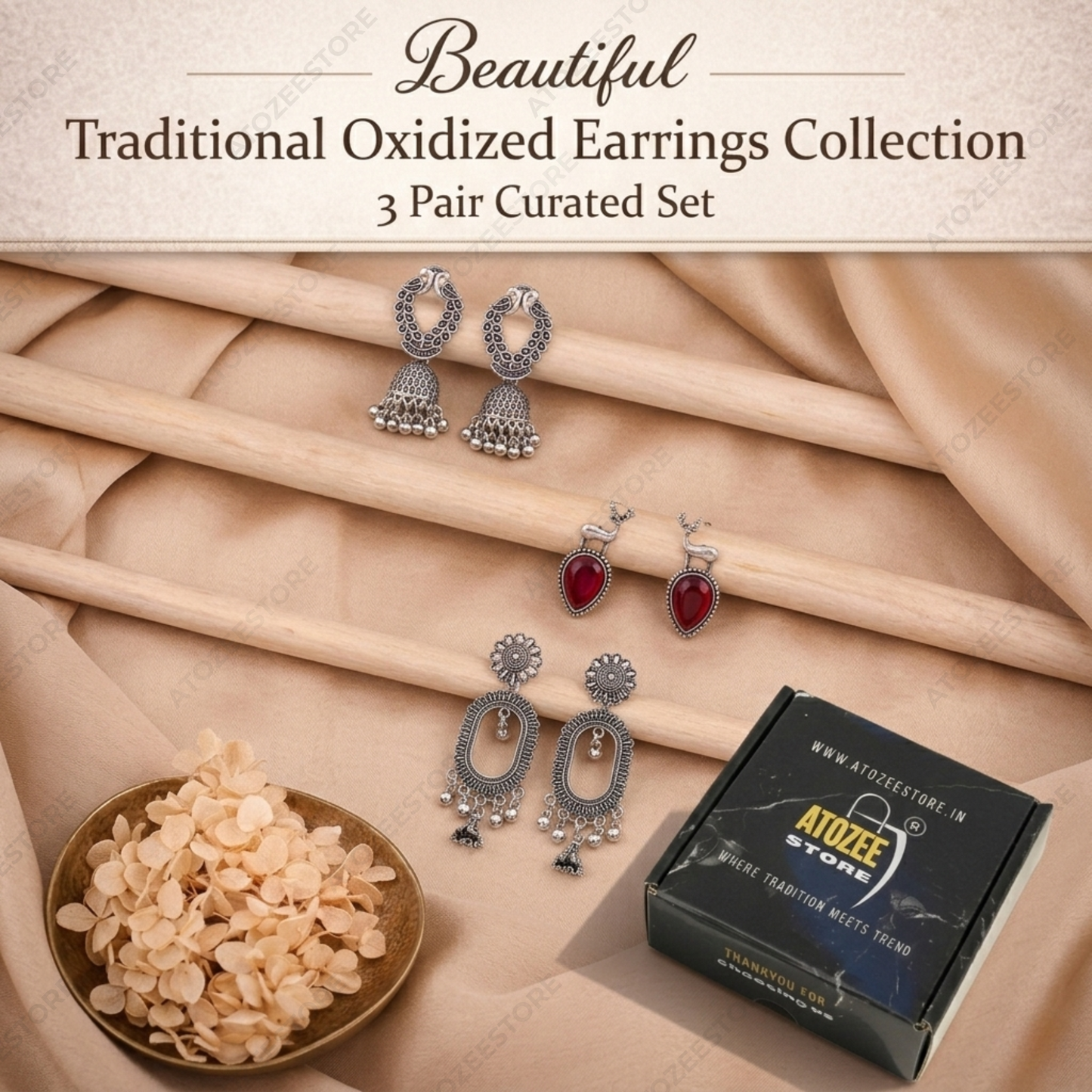 Oxidised Earrings Set of 3 – Sunflower Oval Chandelier, Deer Ruby Drop & Peacock Jhumka