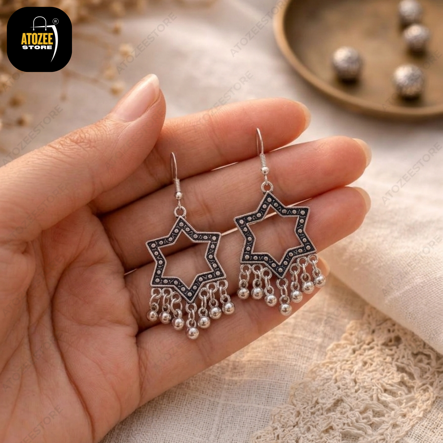 Oxidised Earrings Set of 3 – Star Ghungroo, Green Stone Jhumka & Floral Chandelier