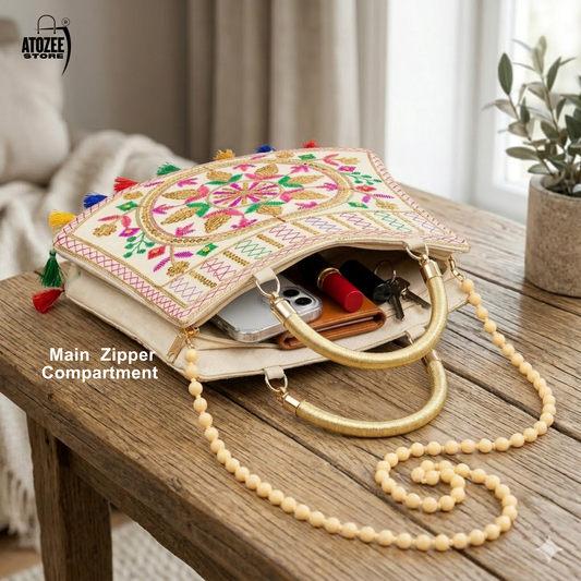 Women's Rajasthani Jaipuri Embroidered Sling Bag – Handmade Design with Colorful Tassels & Gold Handle