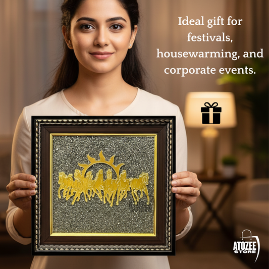 Pyrite Seven Running Horses With Sun Wall Art | Vastu Wooden Frame