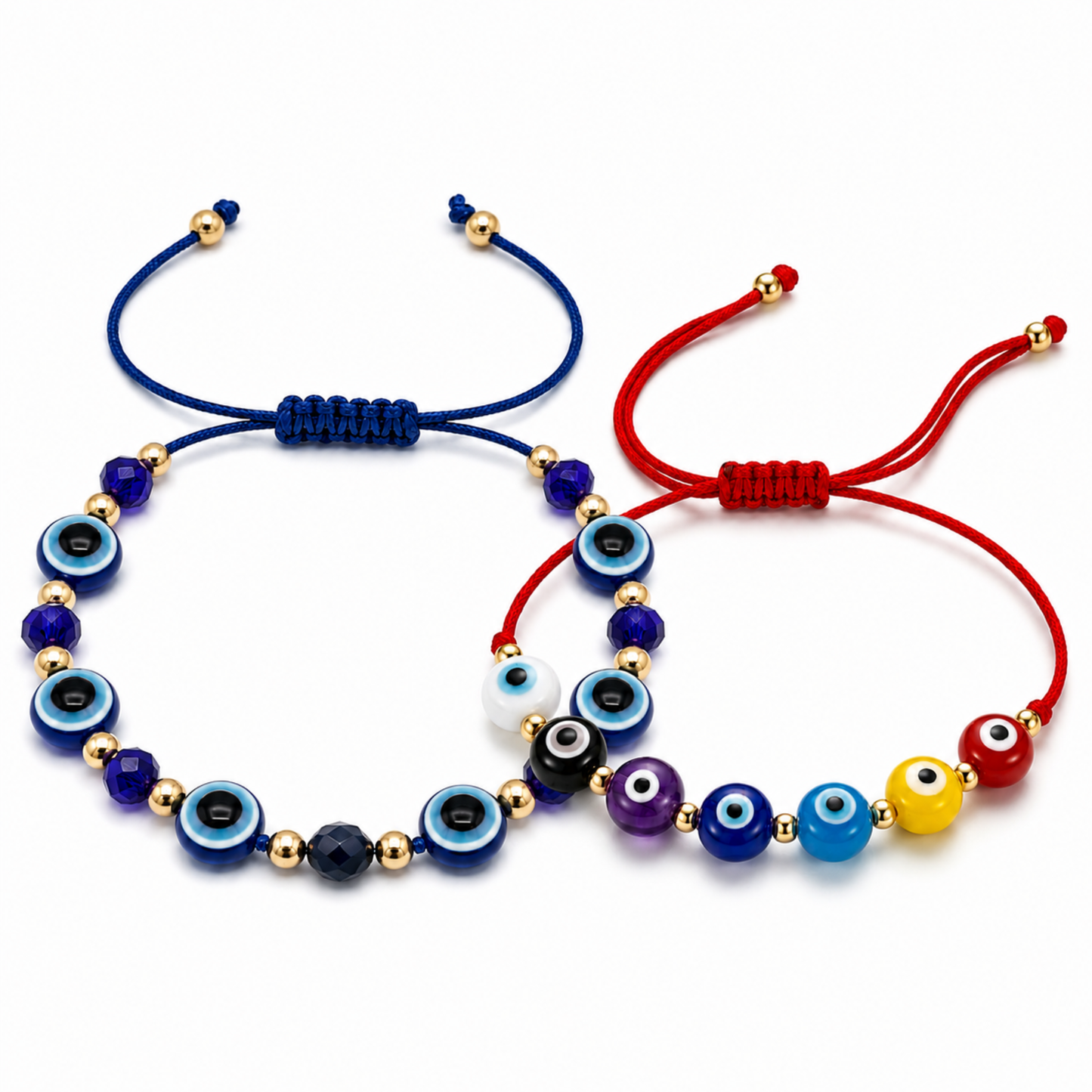 Evil Eye Beaded Bracelet Combo Set of 2 - Blue and Red Thread Adjustable Bracelet with Gold Beads