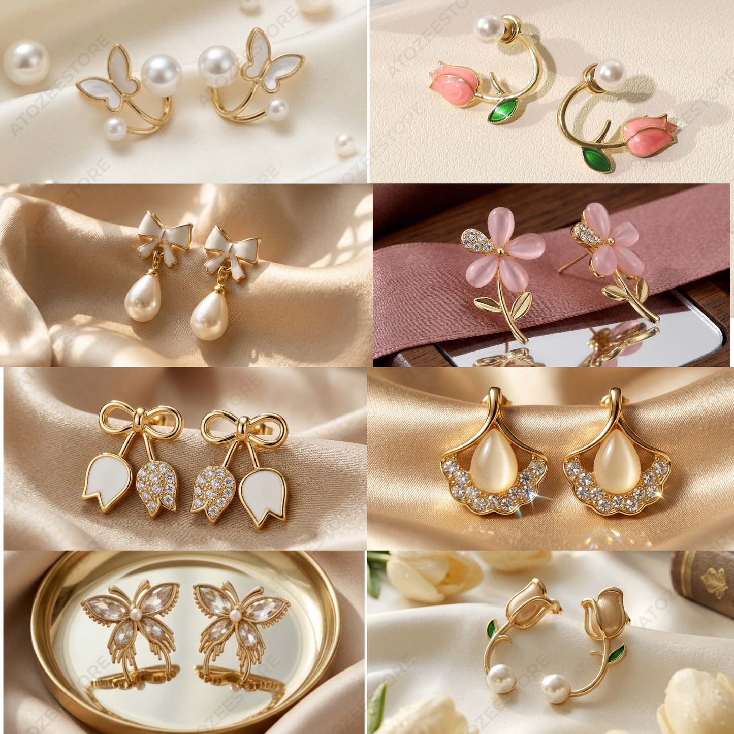 Weekly Korean Dainty Earrings Collection | 8 Pairs | Butterfly, Tulip, Bow & Pearl