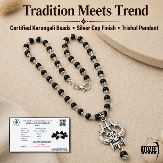 Original Karungali Mala with Om Shiva Trishool Locket | Black Ebony Wood Shiva Bhakti Mala