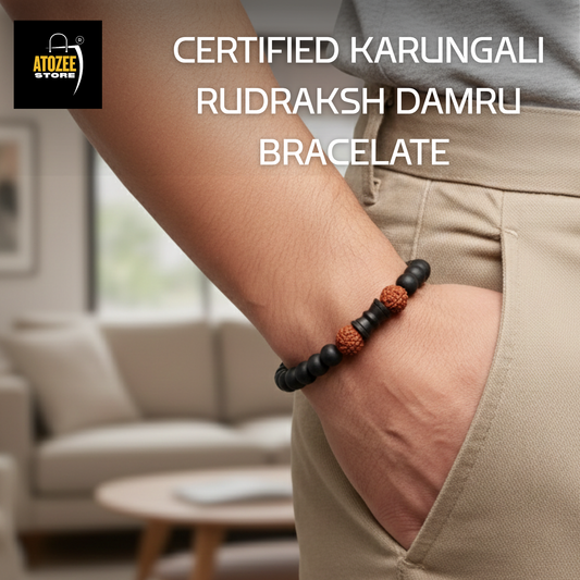 Certified Karungali Bracelet with Damru & Rudraksha Beads