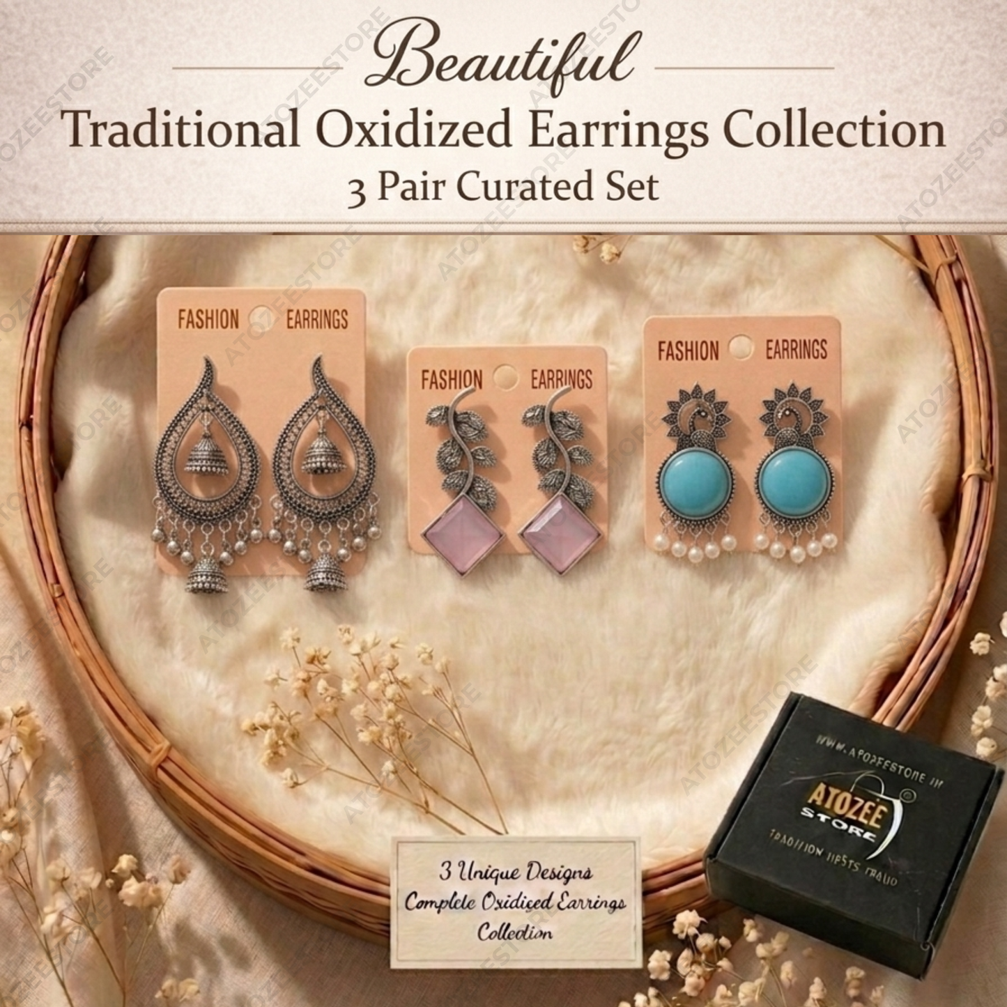 Oxidised Earrings Set of 3 – Teardrop Chandbali Jhumka, Pink Stone Leaf Drop & Turquoise Peacock