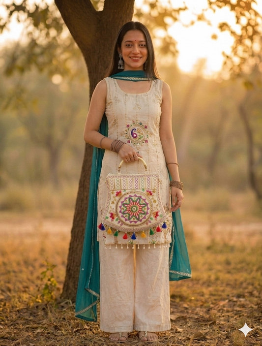 Women's Rajasthani Jaipuri Embroidered Sling Bag – Mandala Design with Colorful Tassels & Gold Handle