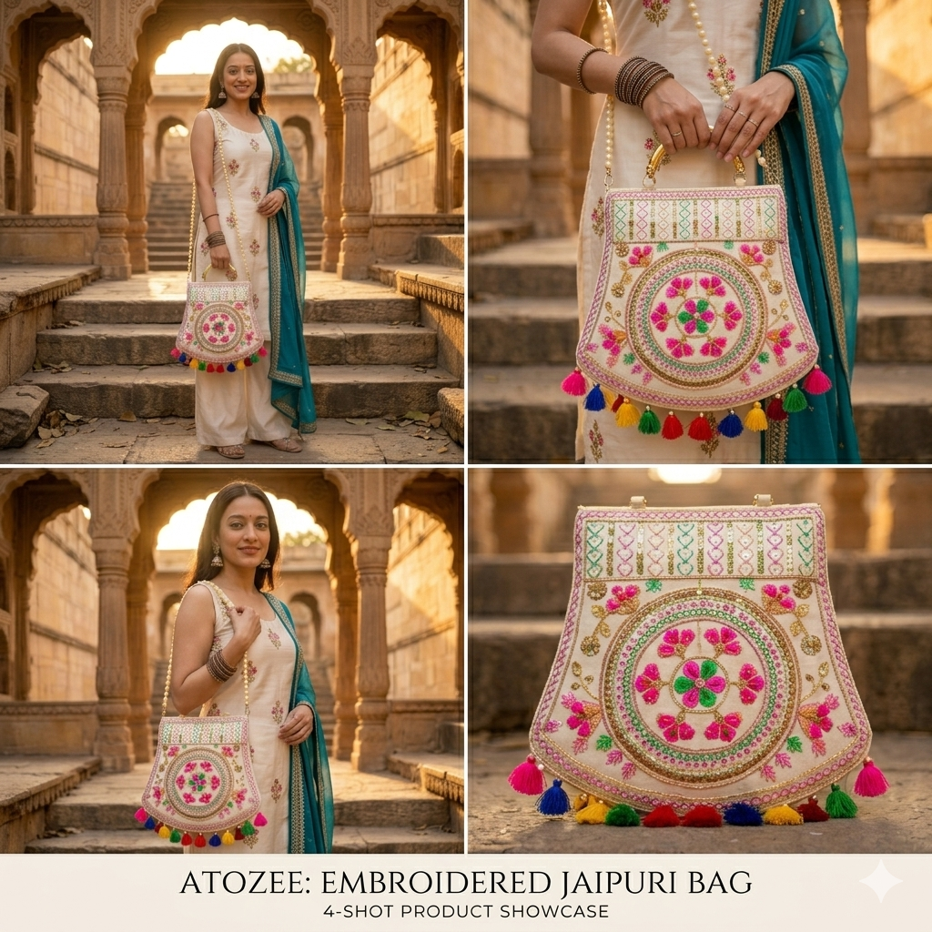 Women's Jaipuri Embroidered Sling Bag – White Colourfull Mandala Design with Colorful Tassels & Gold Handle