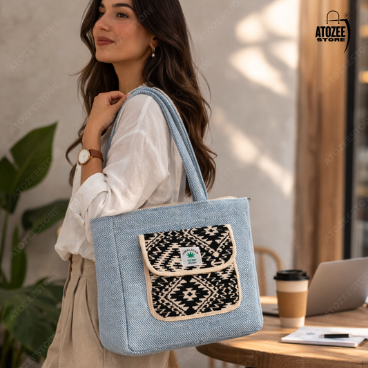 Women's Himalayan Hemp Sky Blue Tote Bag with Front Pocket – Boho Shoulder Bag