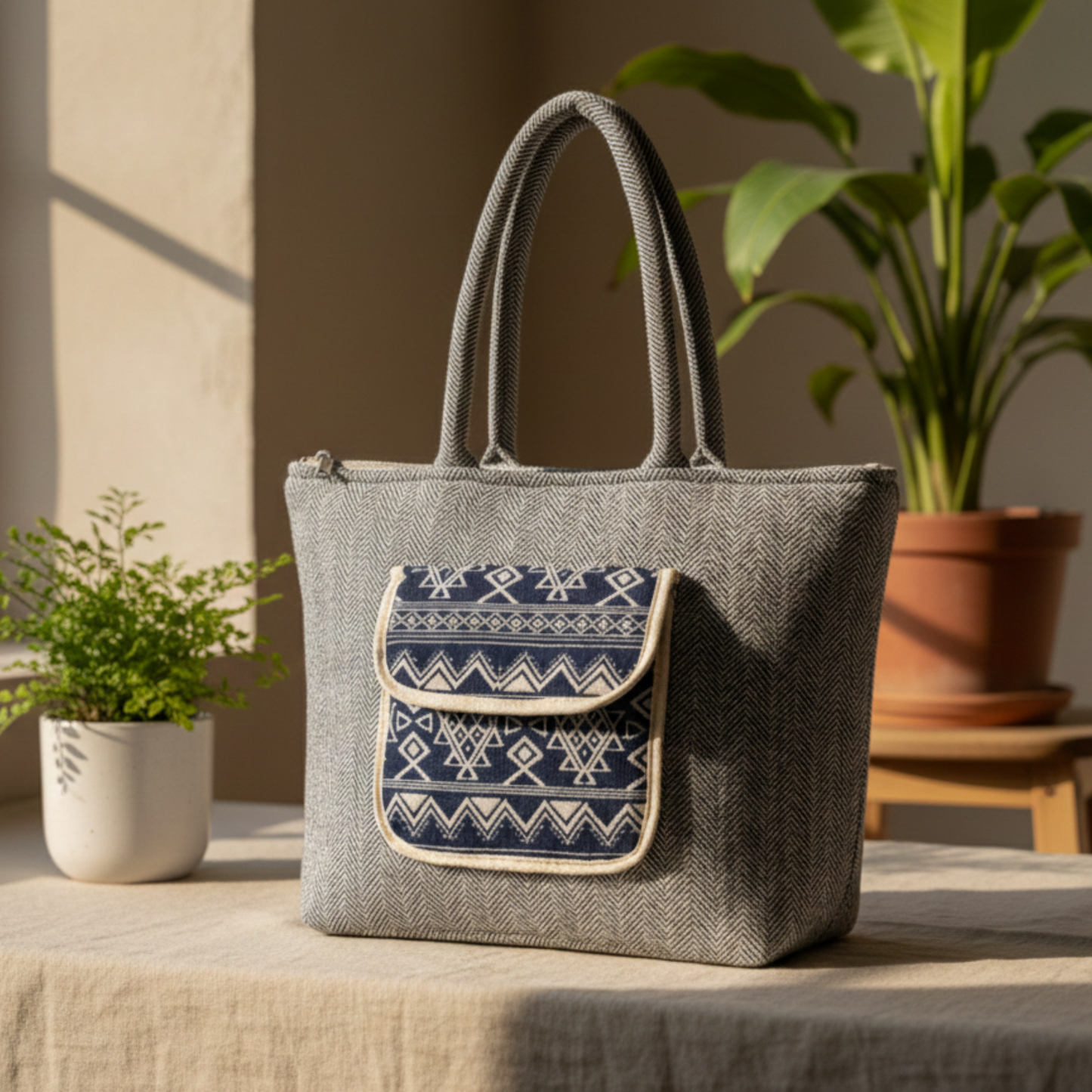 Women's Himalayan Hemp Grey & Blue Tote Bag with Front Pocket – Boho Shoulder Bag