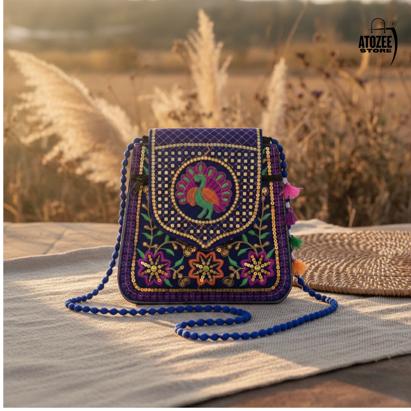 Women's Blue Handicrafts Cotton Embroidered Multicolour Rajasthani Sling Bag