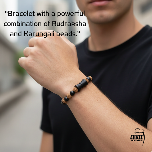 "Karungali Rudraksha Bracelet with Shiv Damru | Adjustable | Lab Certified"
