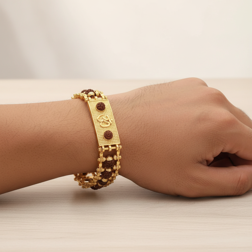 Gold Plated Om Rudraksha Bracelet for Men & Women | Authentic 5 Mukhi