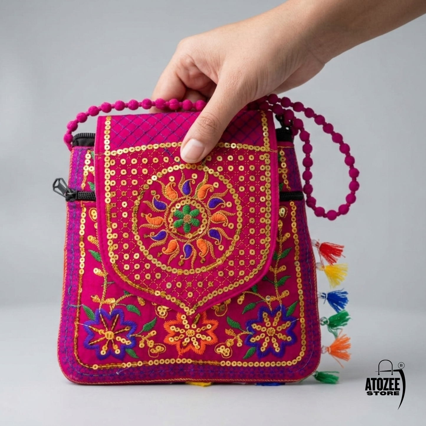 Pink Handicrafts Cotton Embroidered Rajasthani Sling Bag with Mirror Work & Tassels