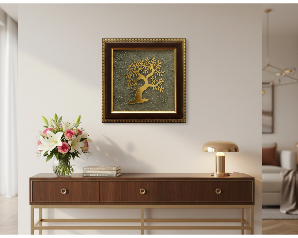 Premium Raw Pyrite Tree Wall Frame – Golden Metal Art with Wooden Border
