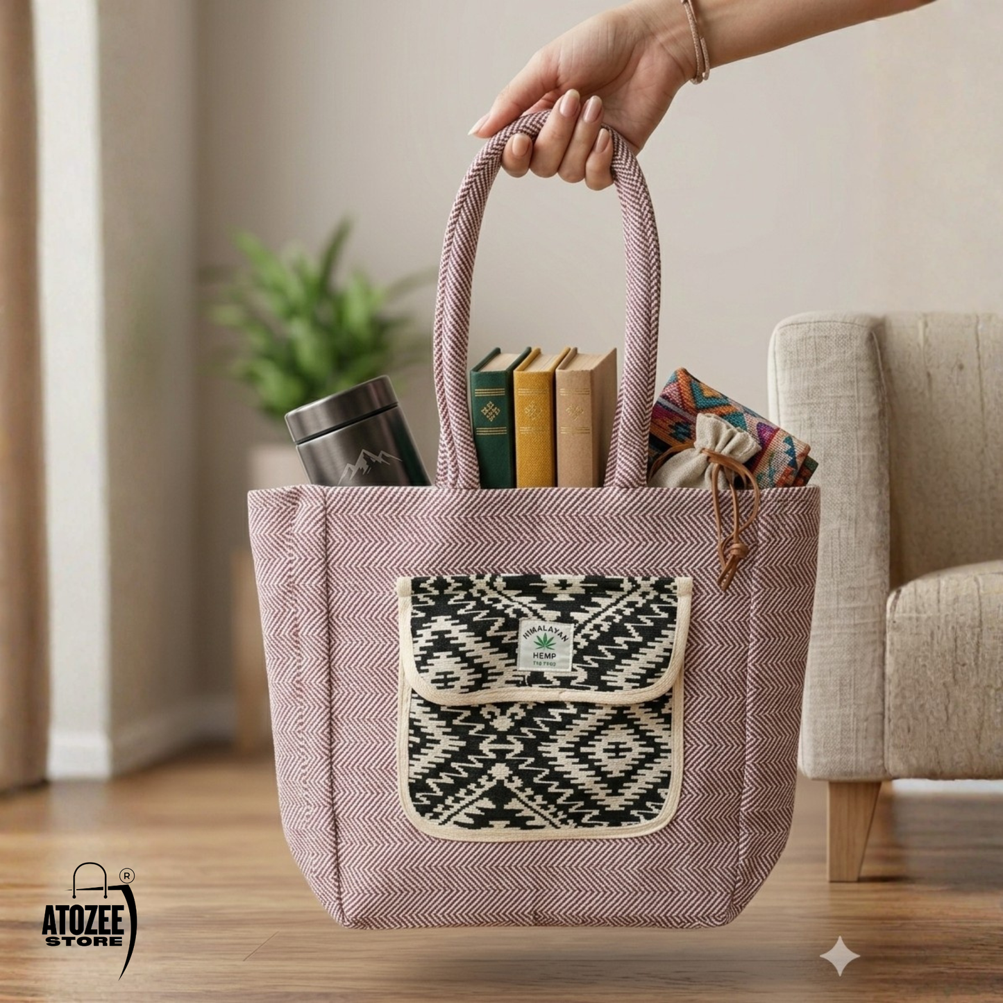 Women's Himalayan Hemp Maroon Red Tote Bag with Front Pocket – Boho Shoulder Bag