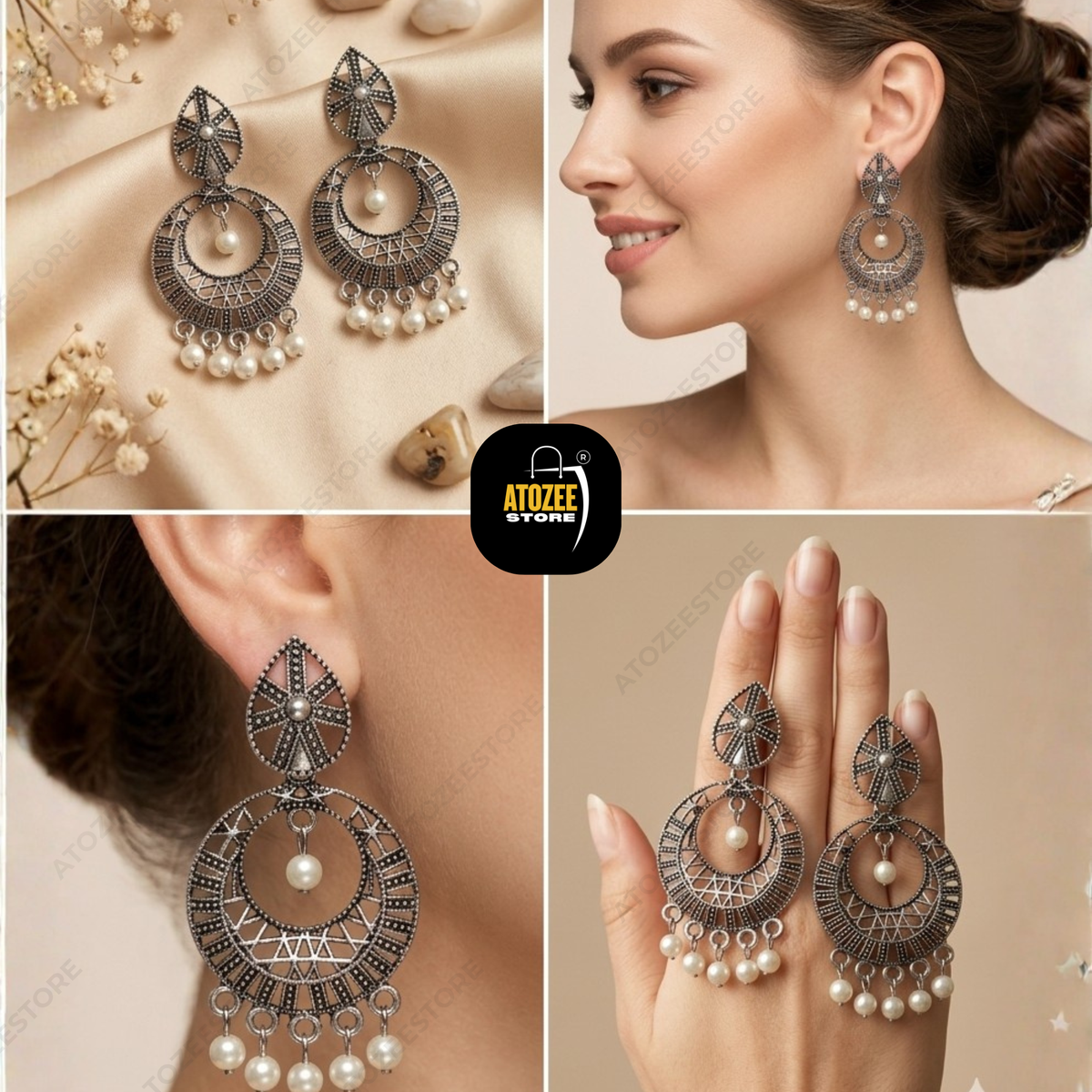 Oxidised Earrings Set of 3 – Diamond Chandbali, Flying Bird Stud & Dancing Couple Jhumka