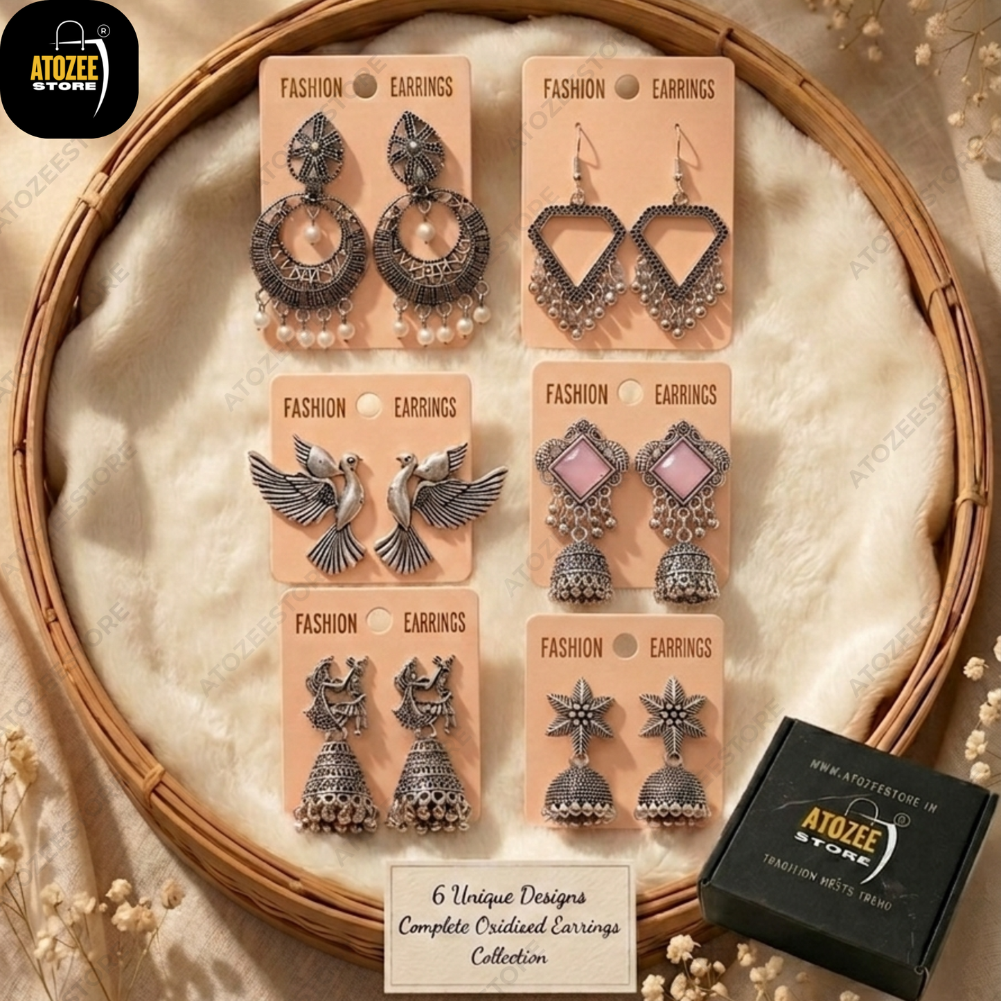 Oxidised Earrings Combo Pack of 6 – Jhumka, Bird & Stone Drop Set
