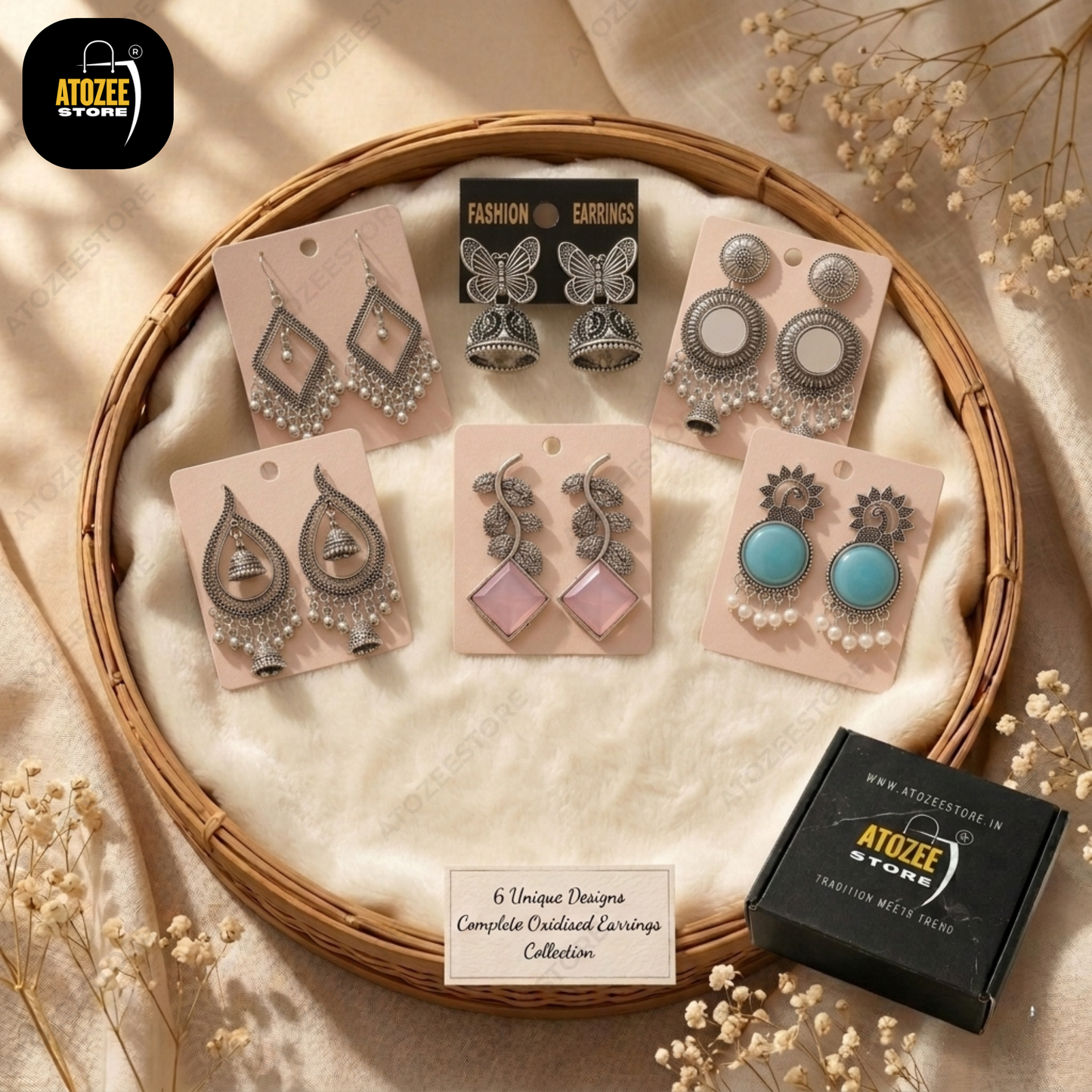 Oxidised Earrings Combo Pack of 6 – Butterfly, Peacock, Ghungroo & Stone Drop Set
