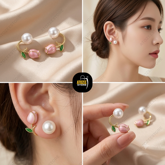 Korean Floral Earrings Combo – Set of 4 Styles | Pink Flower, Bow Tulip, Pearl Rose & Crystal Butterfly