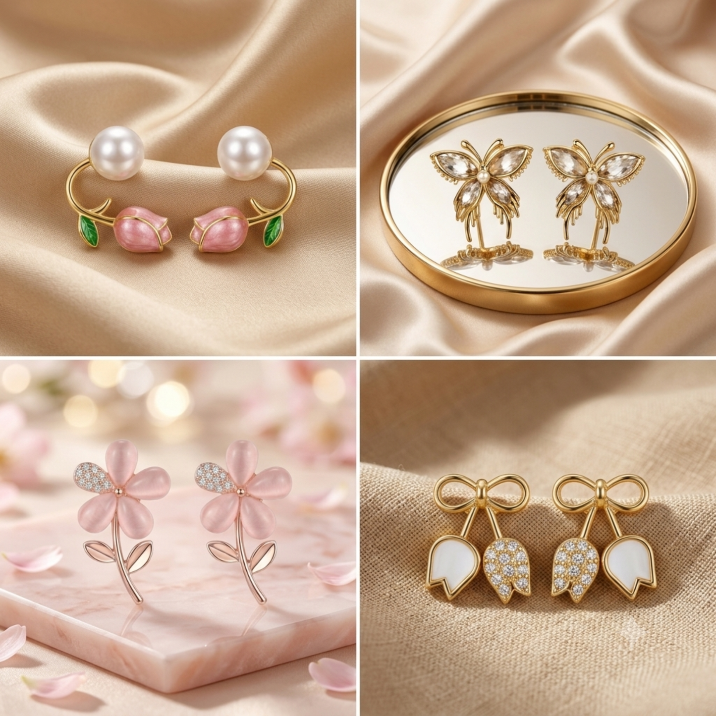 Korean Floral Earrings Combo – Set of 4 Styles | Pink Flower, Bow Tulip, Pearl Rose & Crystal Butterfly