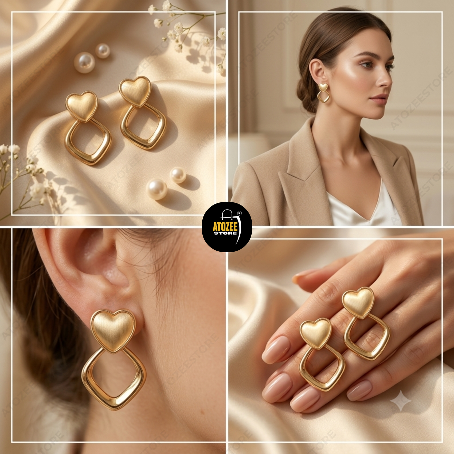 Botanical Pearl Earrings Combo – Set of 4 | Tulip Oval Studs, Tulip Ear Cuff, Pearl Flower Drop & Gold Heart