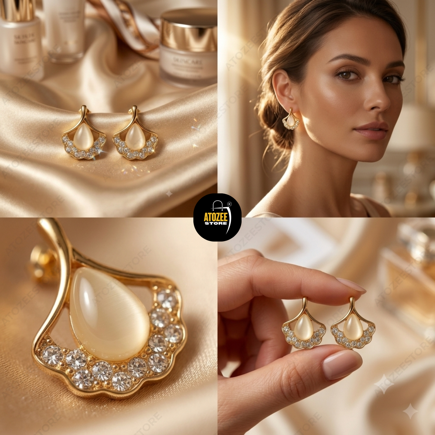 Korean Elegant Earrings Combo – Set of 4 Styles | Tulip, Opal Fan, Crystal Bow & Flower Studs
