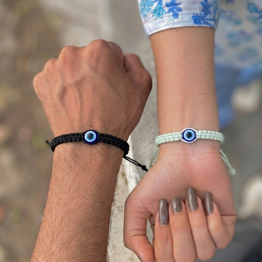 Handwoven Evil Eye Cord Bracelet Combo – Black & White Thread | Couples & Friends