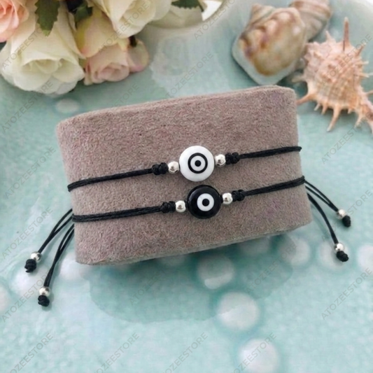 Evil Eye Thread Bracelet Combo – Black & White Bead | Couples, Friends & Gifting