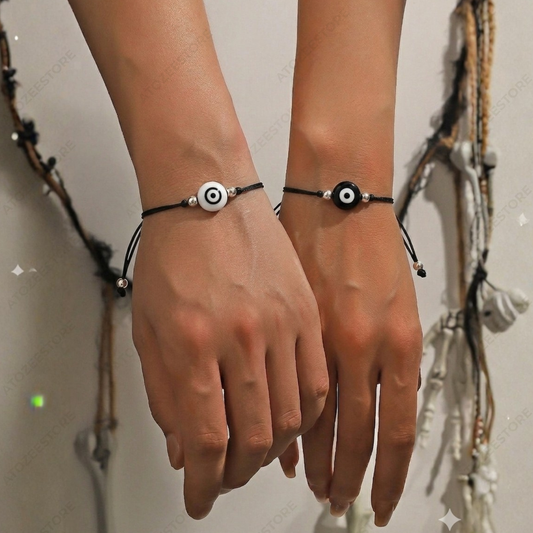 Evil Eye Thread Bracelet Combo – Black & White Bead | Couples, Friends & Gifting