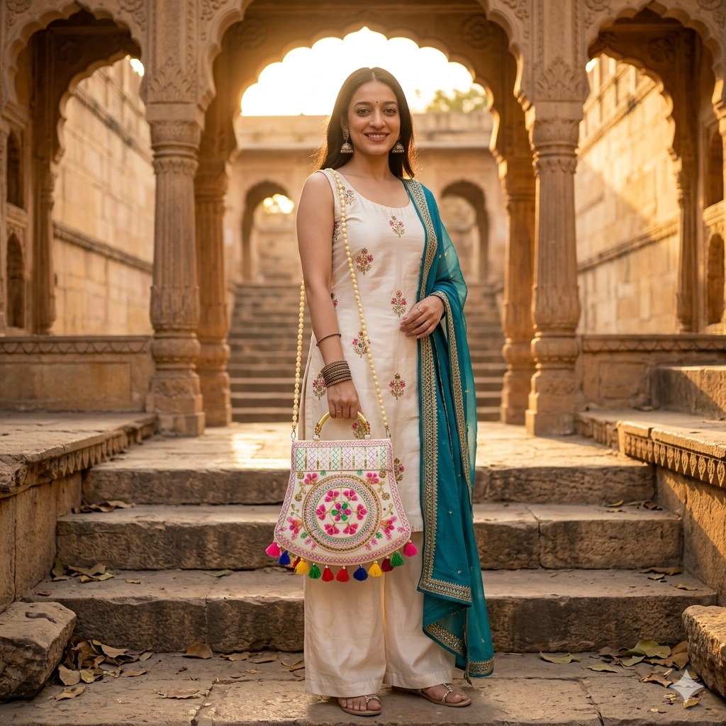 Women's Jaipuri Embroidered Sling Bag – White Colourfull Mandala Design with Colorful Tassels & Gold Handle