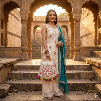 Women's Jaipuri Embroidered Sling Bag – White Colourfull Mandala Design with Colorful Tassels & Gold Handle
