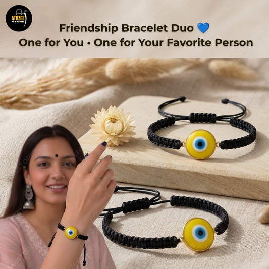 Yellow Evil Eye Black Macramé Cord Bracelet Duo Set of 2 | Protection, Positivity & Balance