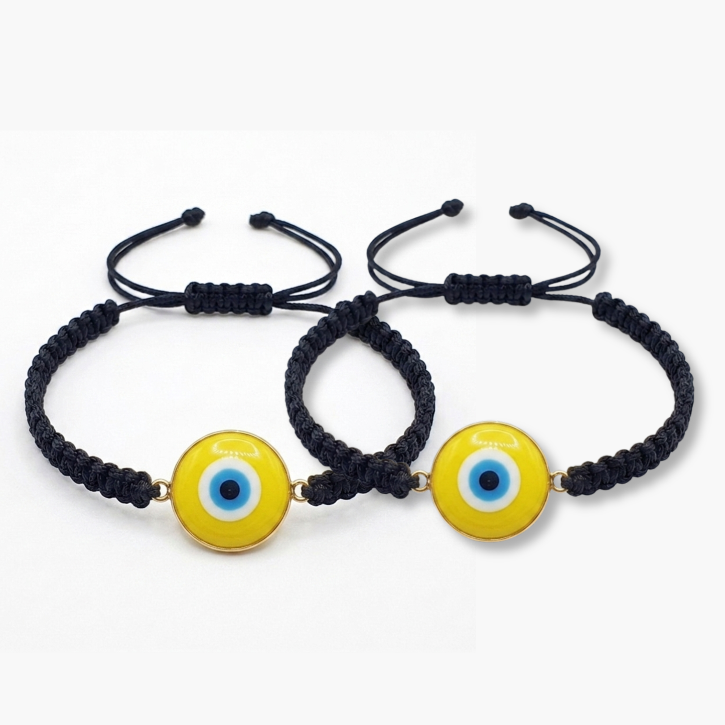 Yellow Evil Eye Black Macrame Cord Bracelet Duo Set of 2 - Both Bracelets Side by Side - Atozee Store