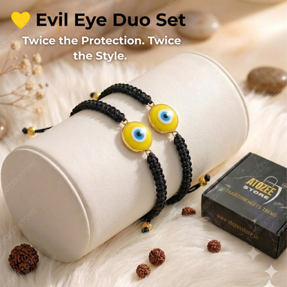 Yellow Evil Eye Black Macrame Cord Bracelet Duo Set of 2 - Evil Eye Duo Set Twice the Protection Twice the Style