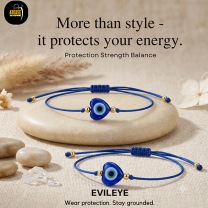 Heart Shape Evil Eye Blue Cord Bracelet Combo Set of 2 - Protection Strength Balance - Atozee Store
