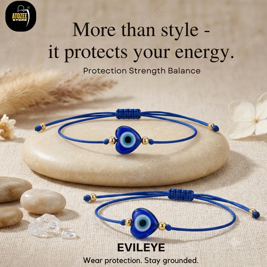Heart Shape Evil Eye Blue Cord Bracelet Combo Set of 2 - Protection Strength Balance - Atozee Store