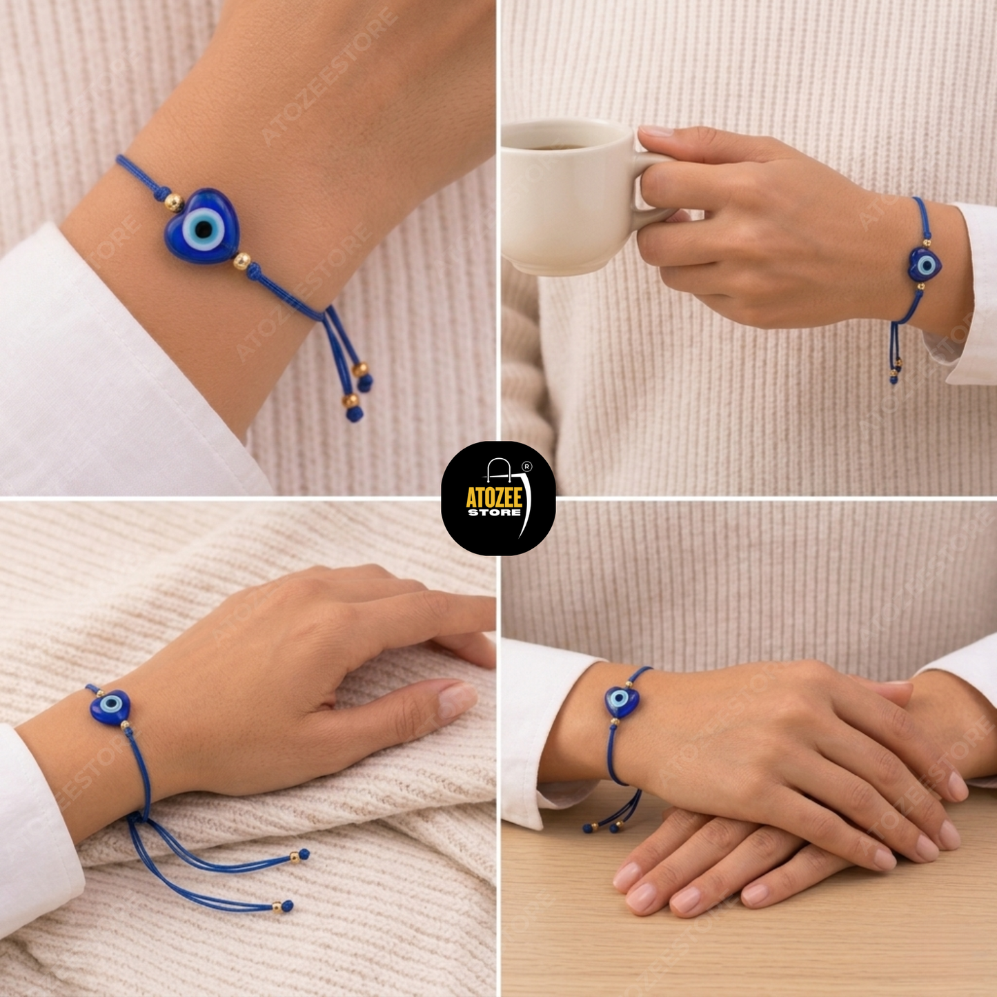 Heart Shape Evil Eye Bracelet on Wrist - Handmade Blue Cord Adjustable Bracelet with Gold Accent Beads