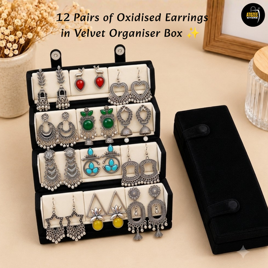 12 Pairs Oxidised Silver Earrings Set with Velvet Organiser Box