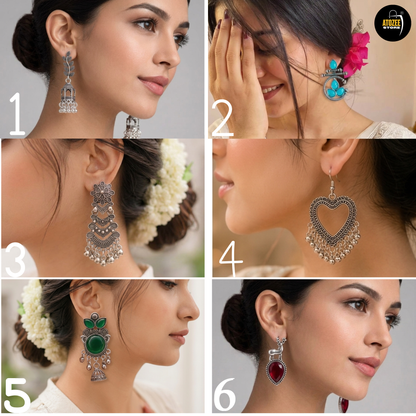 Oxidised silver-tone jhumka and statement earrings for festive , daily wear , traditional wear and for navratri 