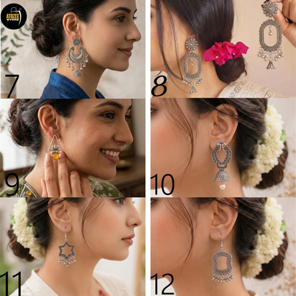 Twelve oxidised silver-tone earrings designs , complet Traditional , navratri , festive , and special look with these beautifull  earrings collection with organiser box 