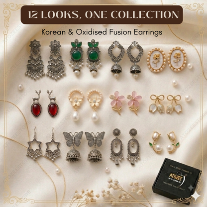 12 Looks One Collection | Korean & Oxidised Fusion Earrings Set | Jhumka, Butterfly, Star & More