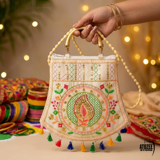 Women's Rajasthani Jaipuri Embroidered Sling Bag – Paisley Keri Design with Colorful Tassels & Gold Handle