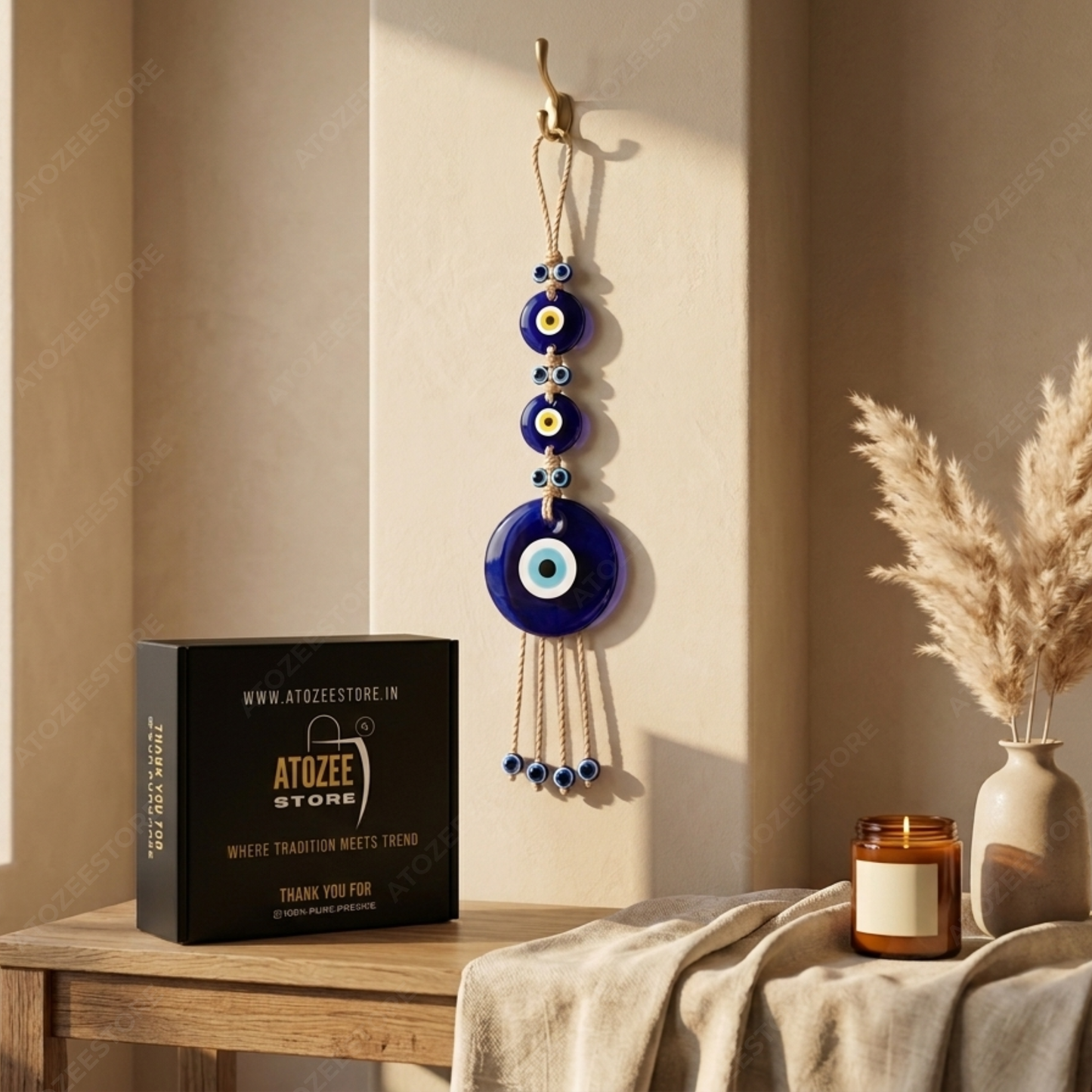 3-Tier Evil Eye Wall Hanging with Jute Tassels – Nazar Protection for Home & Office