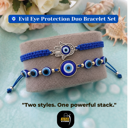 Hamsa Hand Evil Eye & Blue Glass Bead Bracelet Combo Set of 2 | Protection, Luck & Strength