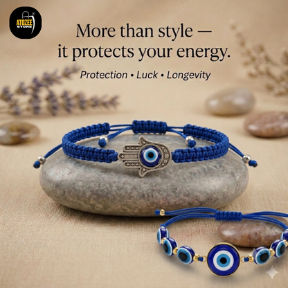 Hamsa Hand Evil Eye and Blue Glass Bead Bracelet Combo Set of 2 - Protection Luck Longevity