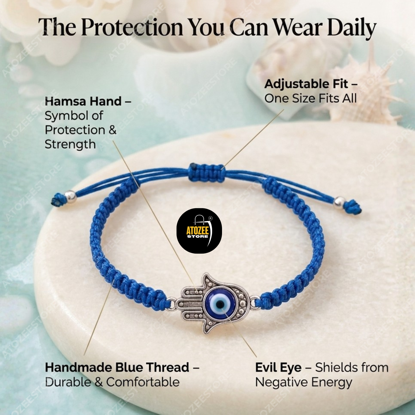 Hamsa Hand Evil Eye Bracelet - Blue Thread Handmade Adjustable Bracelet with Antique Silver Hamsa Charm