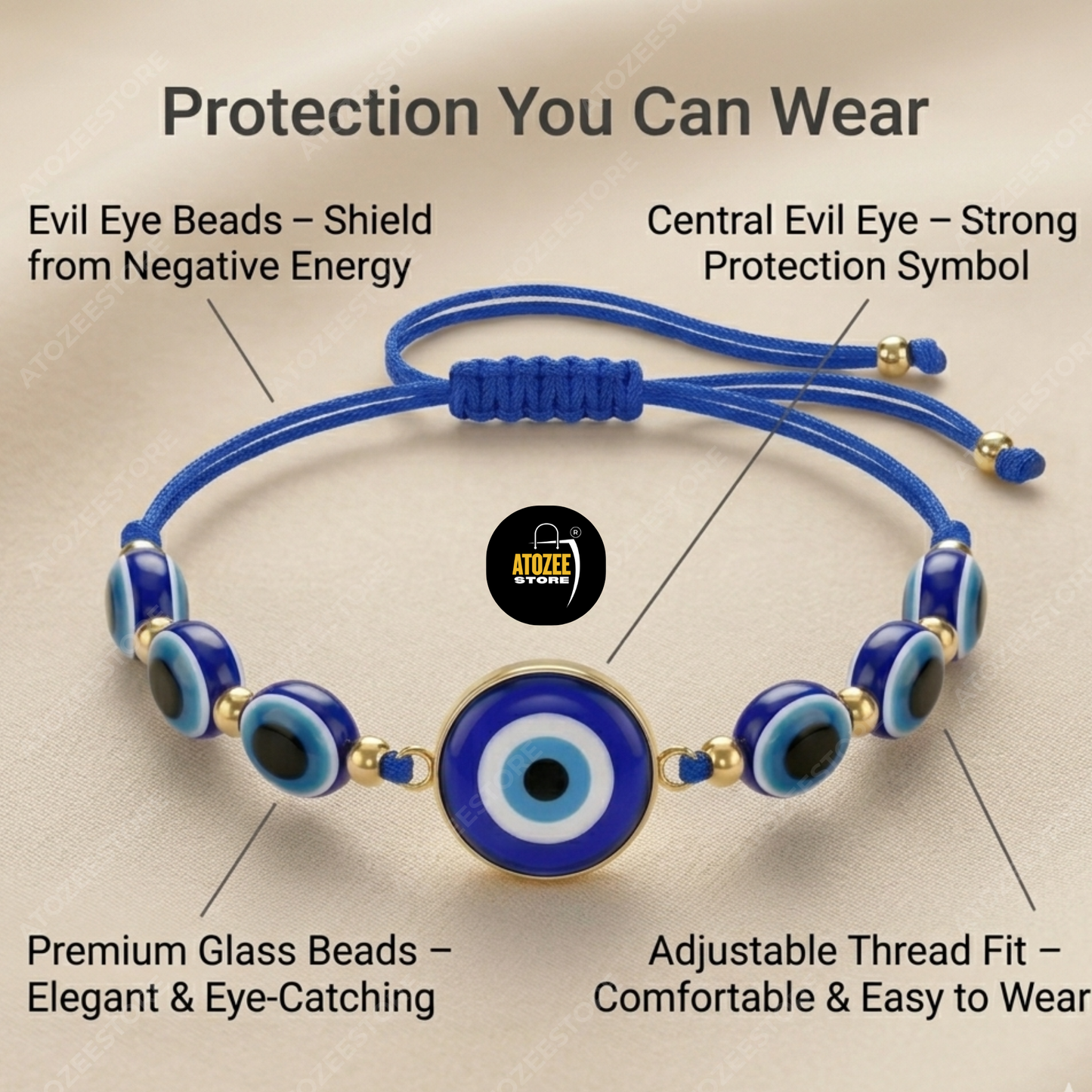 Blue Glass Evil Eye Bead Bracelet - Premium Glass Beads Central Evil Eye Charm Gold Tone Spacers